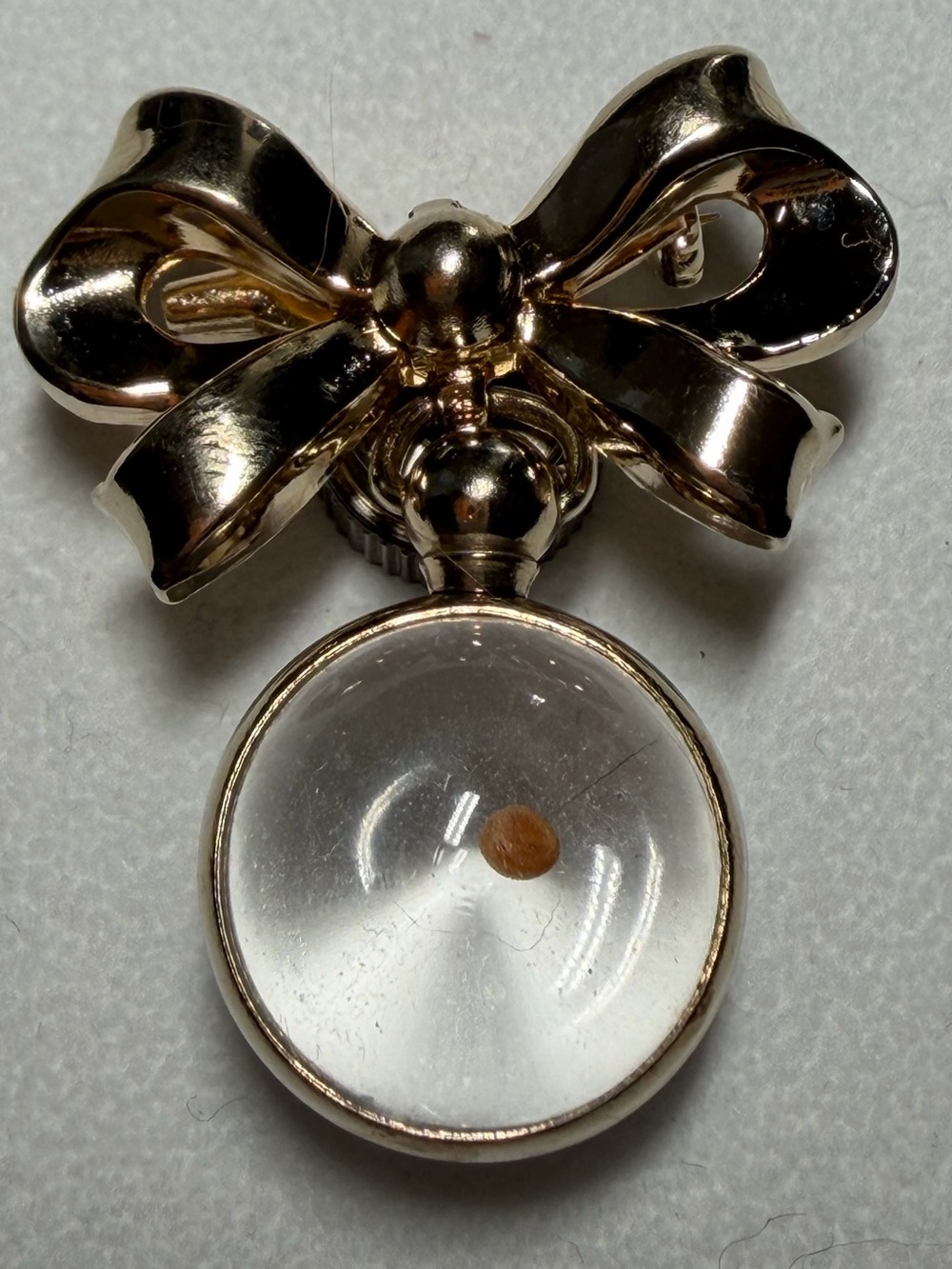 Vintage Gold Tone Bow Real Mustard Seed Glass Orb Dangle Brooch Pin Unmarked
